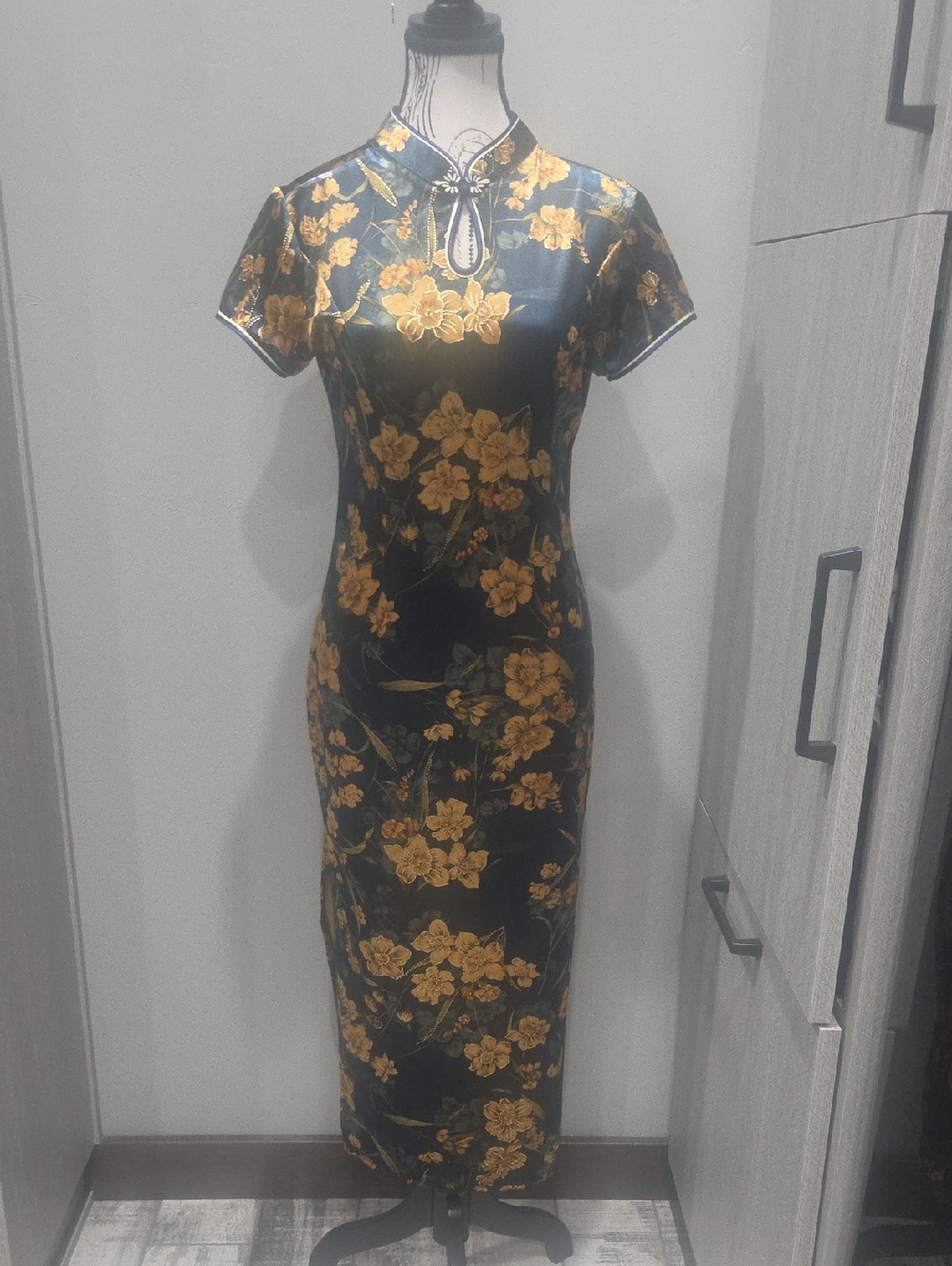 Floral Cheongsam Dress in Blue and Gold